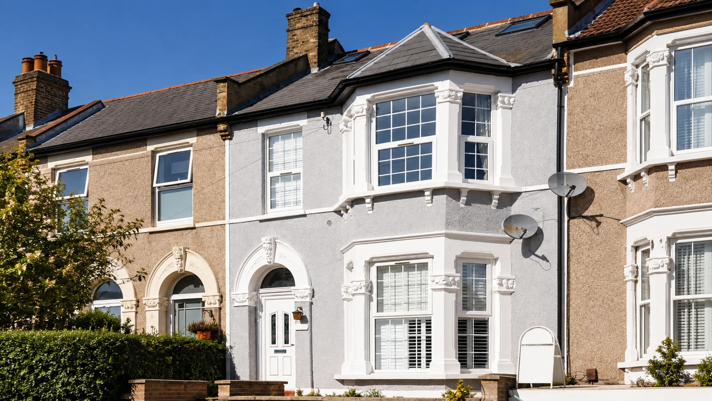 Painted 1930s bay-fronted terraced house in a row, with rooflights set into the slate roof