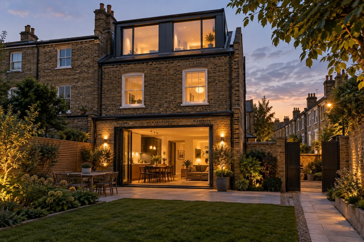 Rear view of a brick house with a modern loft extension and open doors to the garden at dusk.