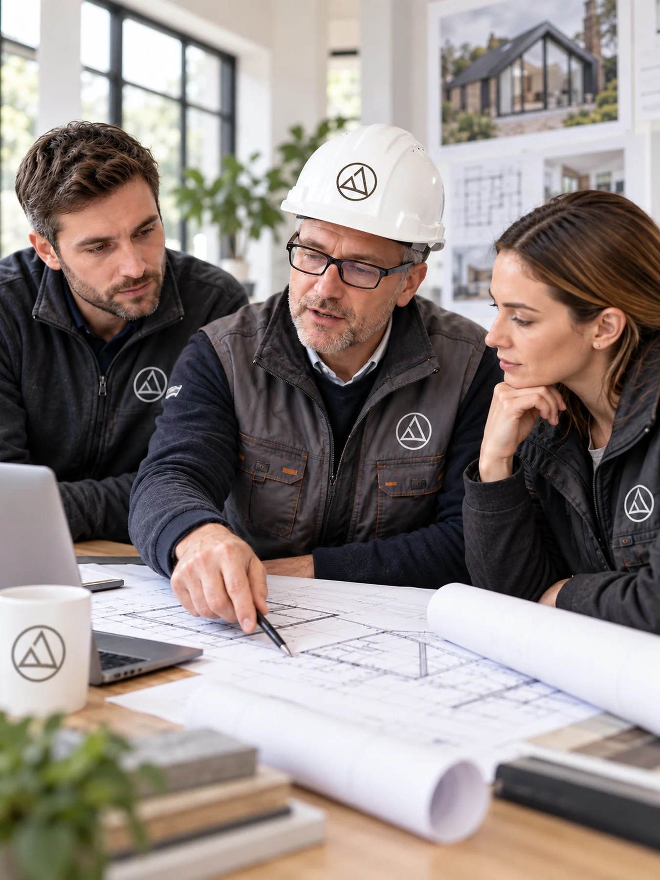 Central Lofts in-house team reviewing architectural drawings and discussing plans for a loft conversion.