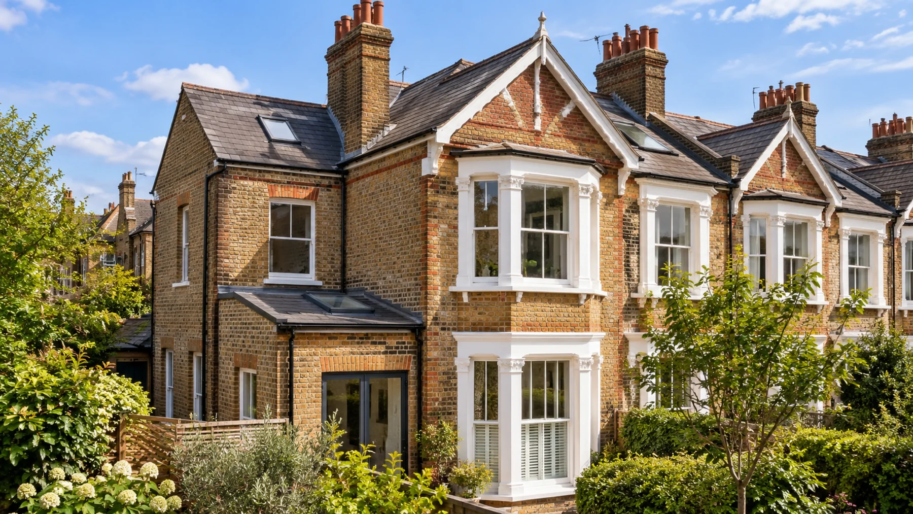 Row of traditional Edwardian London homes with red-brick detailing, decorative gables, white bay windows and slate roofs.