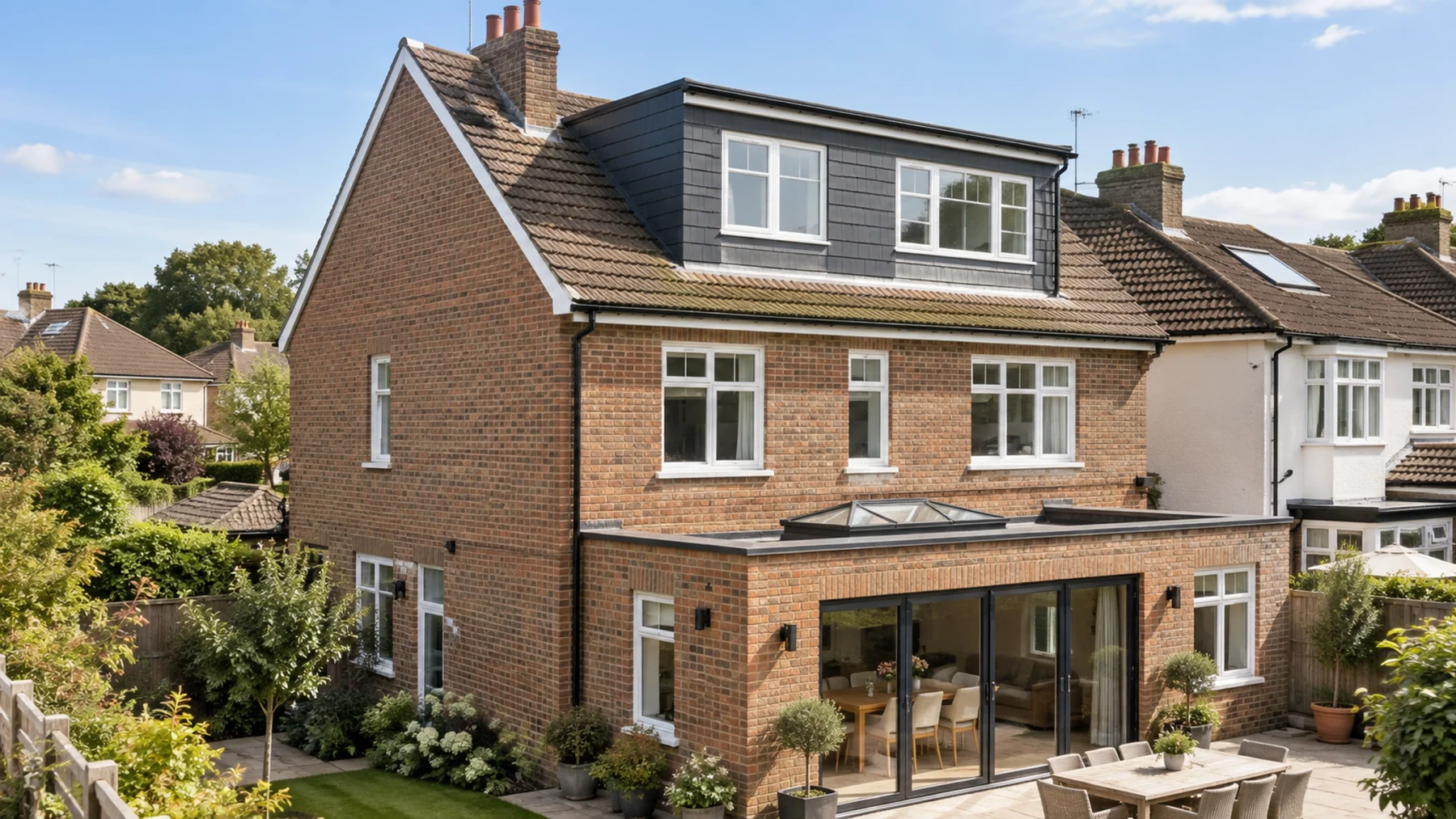 Rear view of a brick house with a hip-to-gable loft conversion, large rear dormer, and modern ground-floor extension overlooking a landscaped garden.