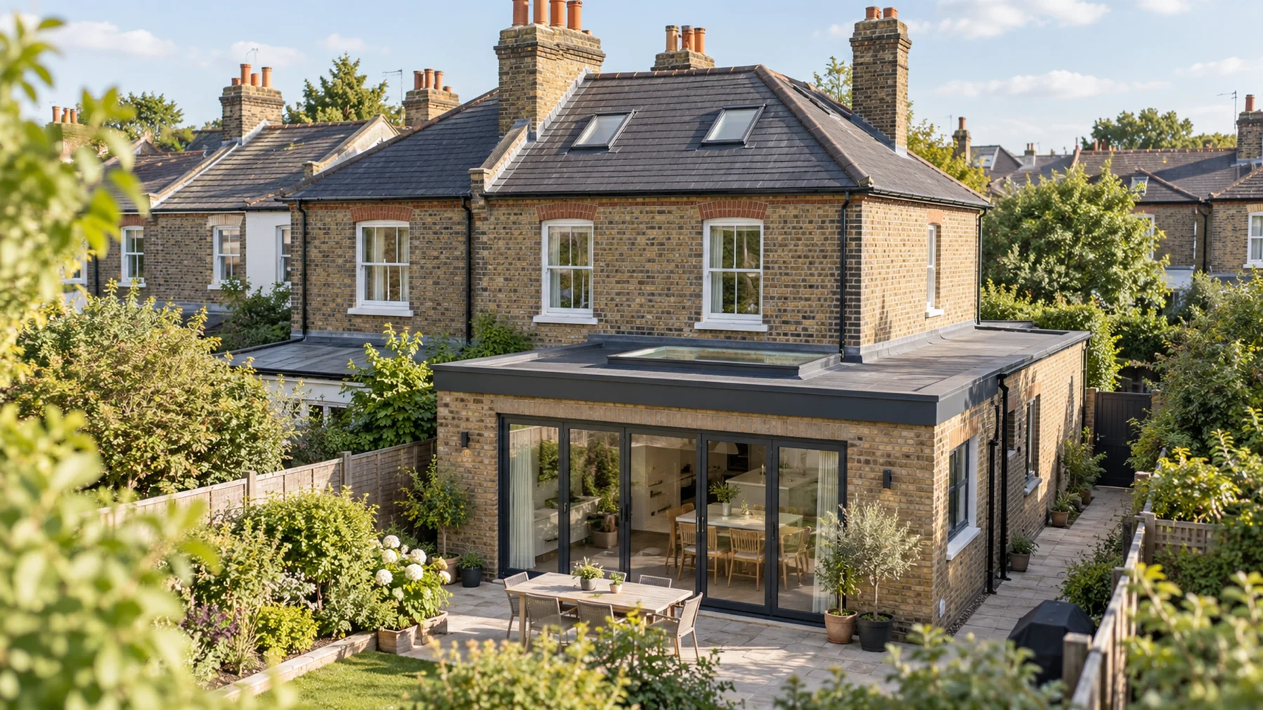 Rear view of a London brick house with a modern single-storey extension, rooflights, glass doors and a landscaped garden.
