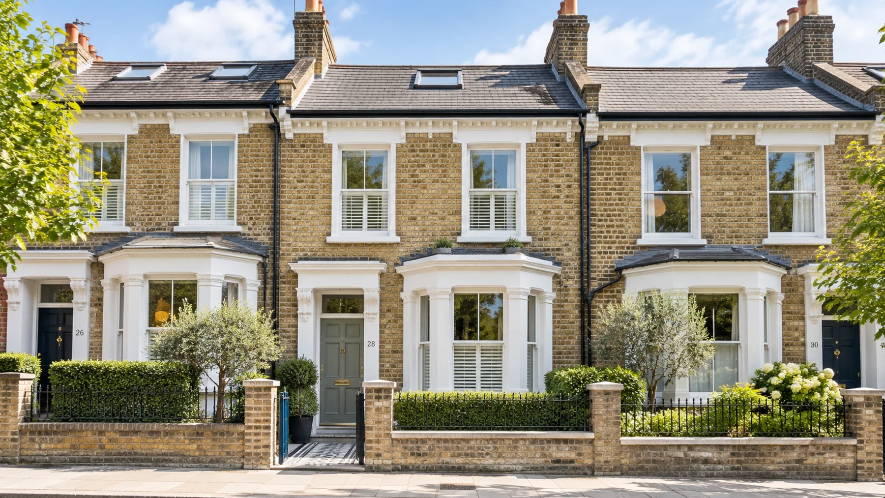 A row of traditional London mid-terrace houses with yellow brick façades, white bay windows and landscaped front gardens.