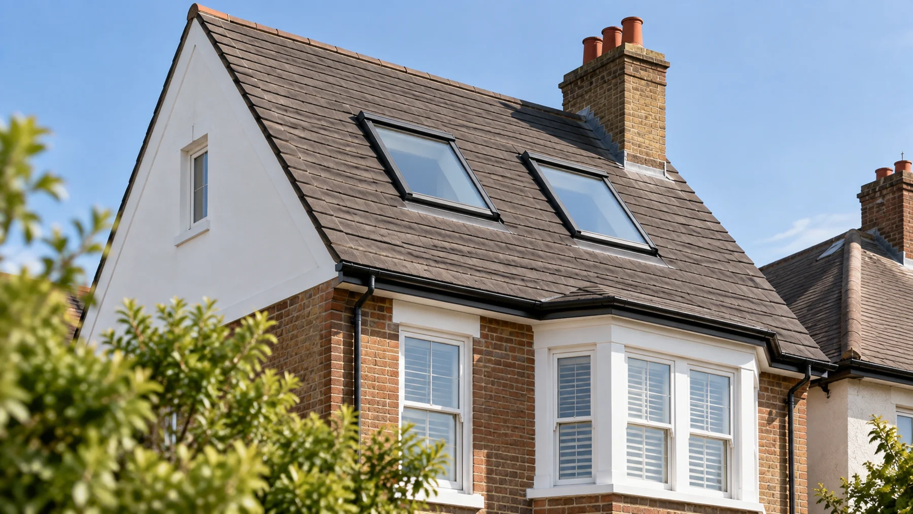 Exterior of a brick house with a steeply pitched roof, two Velux roof windows and a traditional chimney.